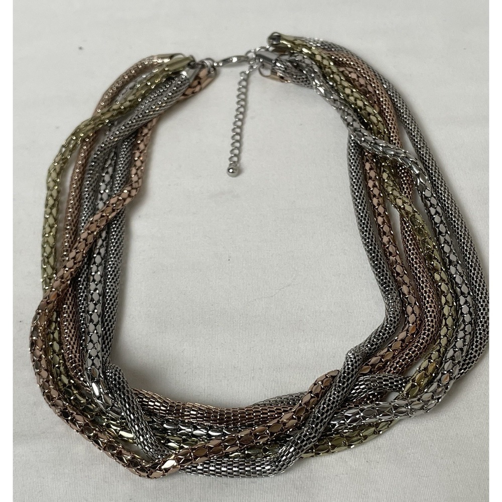 Tricolor 6 Strand Mesh Chain Necklace 20-22" Yellow Rose Gold Silver Statement
